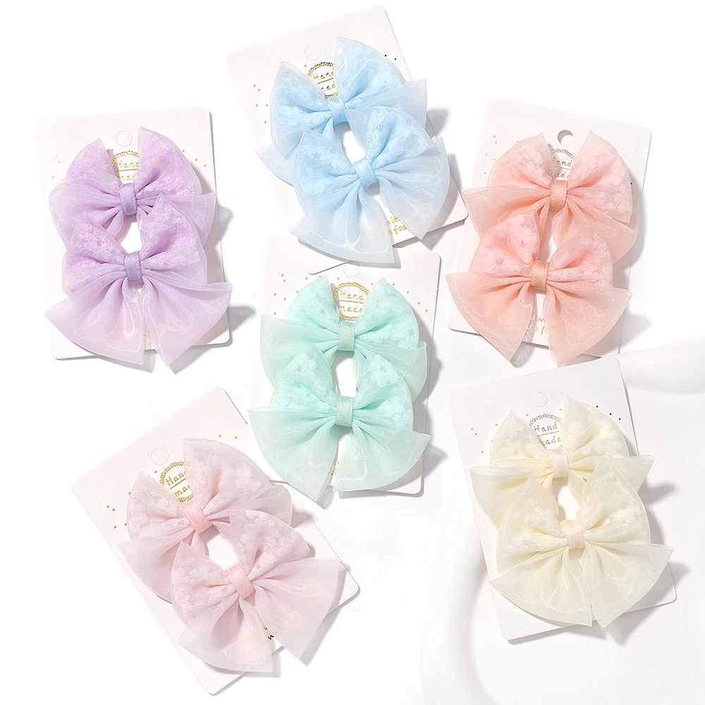 Top Trends: 2 Pcs / set New Fashion Summer Girls Elegant Organza Bow Hairpins Sweet Kids Solid Safe Hair Clips Princess Hair Accessories Gift Shoppable Styles