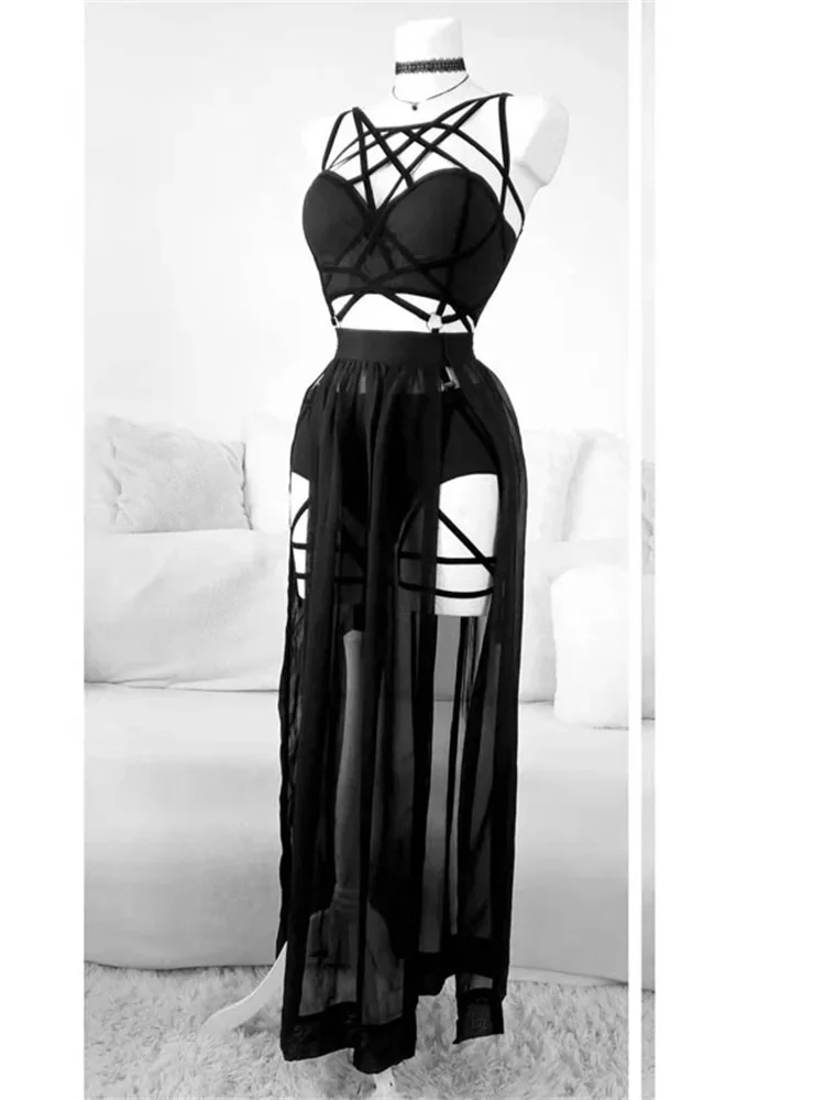 Top Trends: Vintage Gothic Sexy Summer Skirt 2023 Retro Women Sleeveless Black Corset Crop Top Bandage Underpants Mesh Split Skirt 3pcs Sets Shoppable Styles