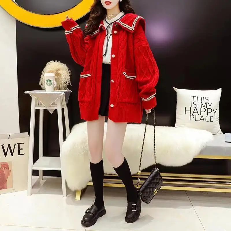 Top Trends: 2023 Autumn And Winter Korean Edition Loose Casual Simple Navy Collar Lazy Contrast Oversized Knitted Jacquard Sweater Cardigan Shoppable Styles