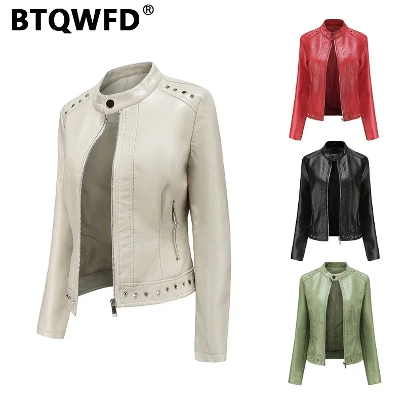 Top Trends: BTQWFD Jackets Long Sleeves Women's Winter Coats Rivet Stand Collar Female Clothing Autumn PU Leather Motor Biker Tops 2023 New Shoppable Styles