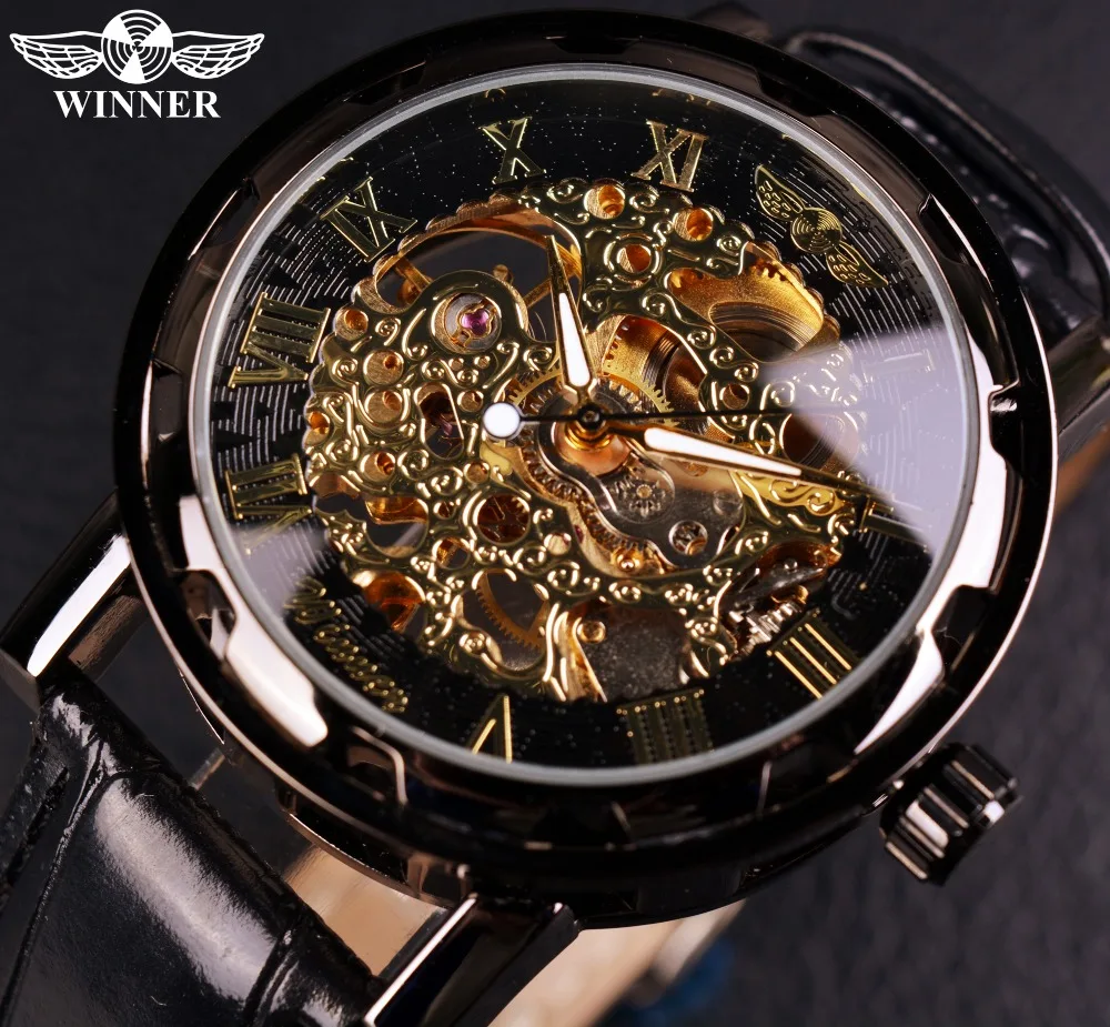 Top Trends: Winner Black Gold Male Clock Men Relogios Skeleton Mens Watches Top Brand Luxury Montre Leather Wristwatch Men Mechanical Watch Shoppable Styles