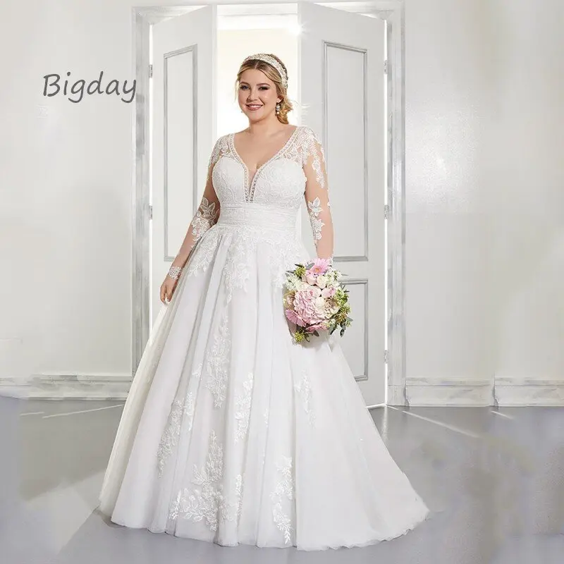 Top Trends: Plus Size Wedding Dresses Women 2024 Long Sleeve V-Neck A-Line Backless Lace Appliques Bridal Gown Sweep Train Vestidos De Novia Shoppable Styles