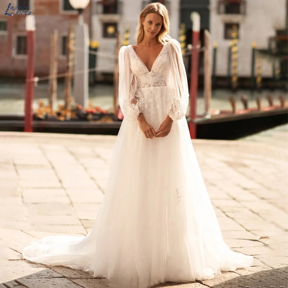 Top Trends: V Neck Lace A Line Wedding Dresses 2023 For Women Puff Long Sleeves Bride Gown Appliques Backless Bridal Robe De Mariée Shoppable Styles