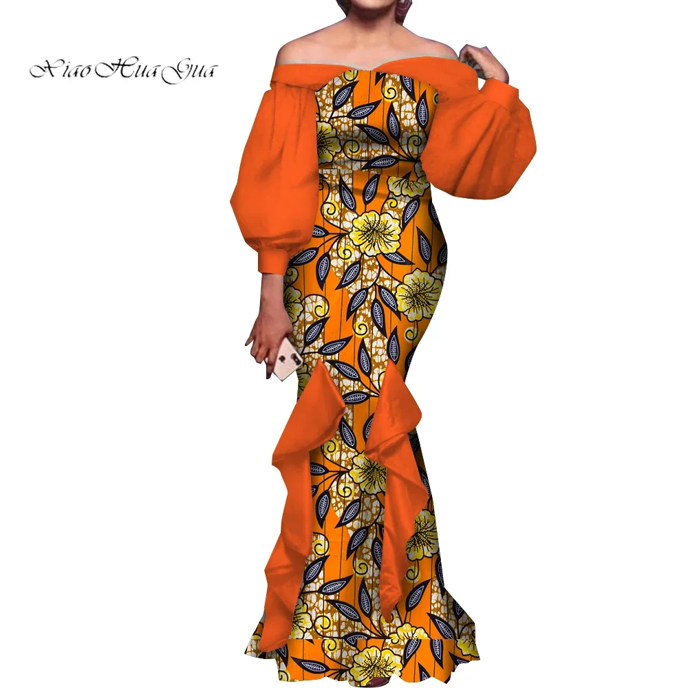 Top Trends: Fashion Women Ankara Dresses Flash Neck Puff Sleeve Long Dress African Dress Robe Africaine Femme Evening Mermaid Dress WY1848 Shoppable Styles