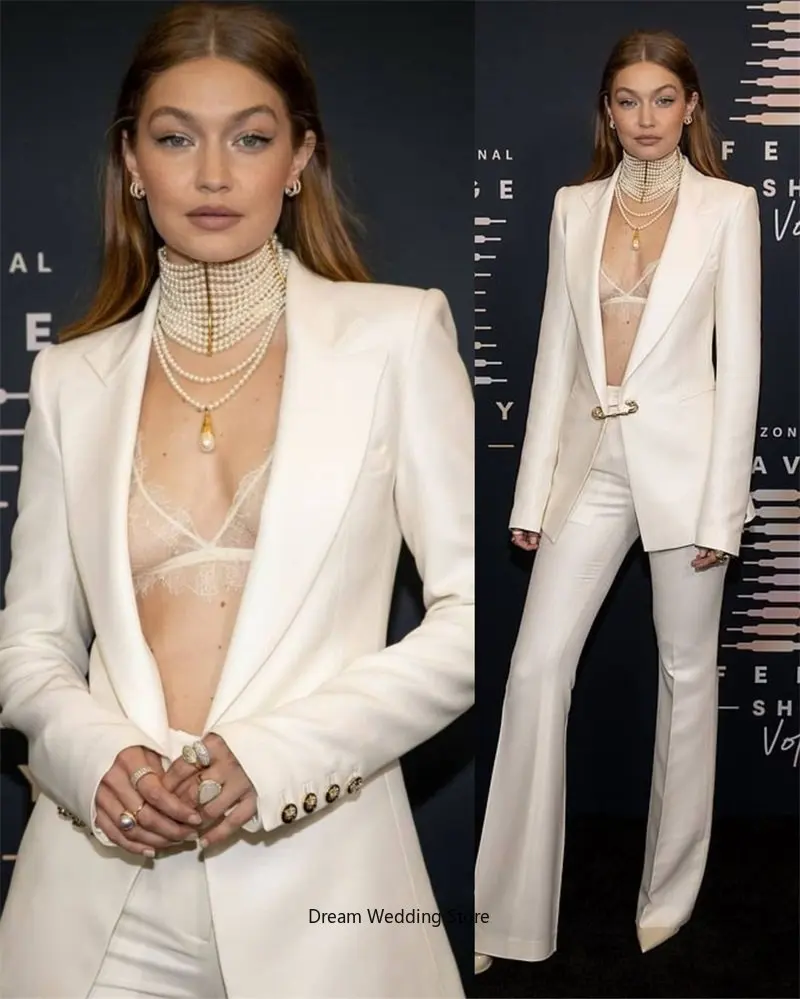 Top Trends: White Women Suits Set With Large Pin Designer Evening Prom Gowns Tailored Deep V Neck 2 Pcs Blazer Pants Fashion костюм женский Shoppable Styles