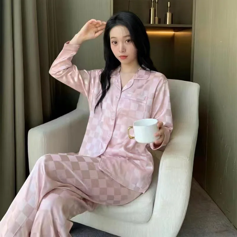 Top Trends: Pink Plaid Pajamas Ladies Summer 2022 New Large Size Spring And Autumn Long Sleeve Thin Ice Silk Homewear Set Shoppable Styles