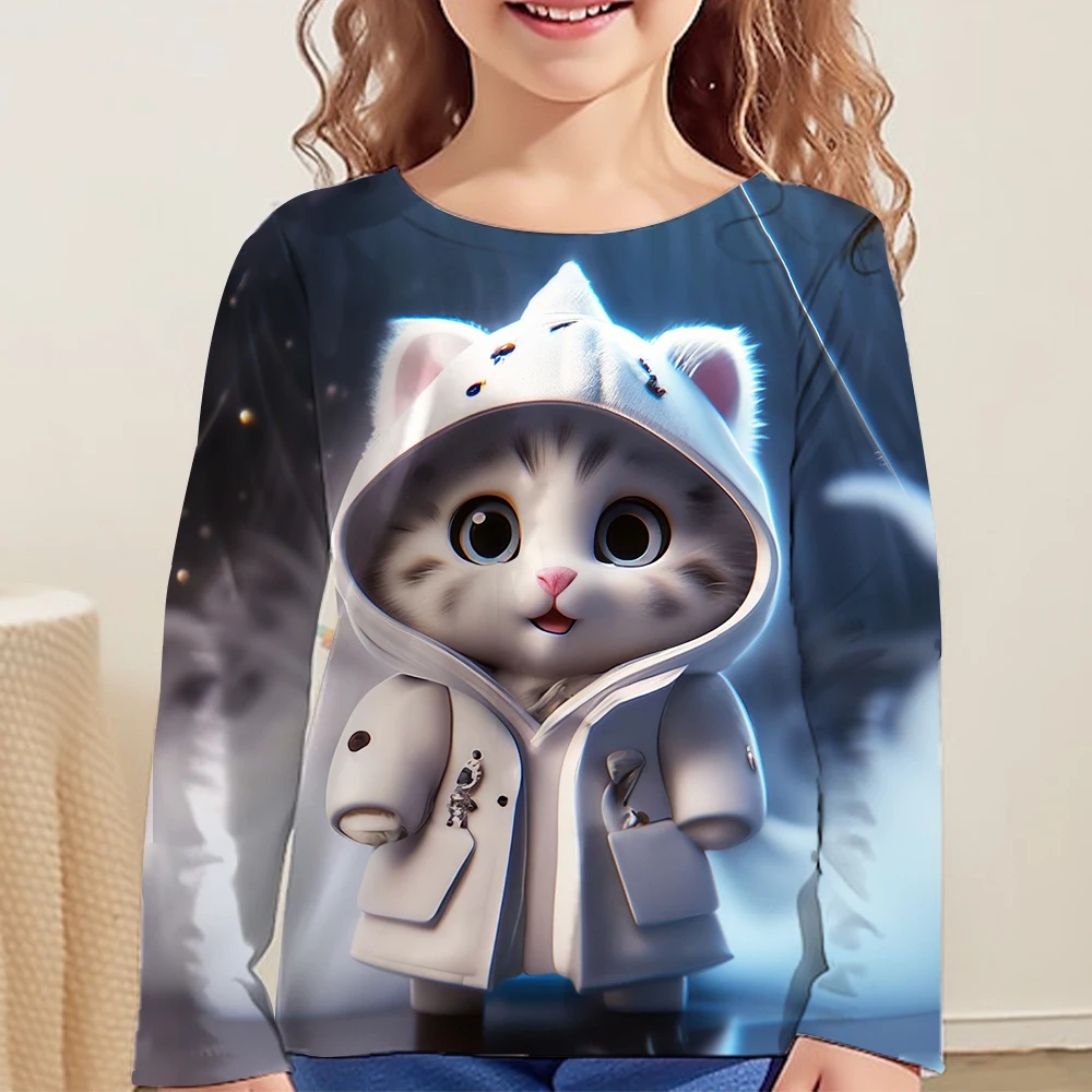 Top Trends: Cartoon Cat Tshirt For Girls Wholesales 13 To 14 Years Kids Clothes Full Sleeve Tees Autumn Children Tops Animals 3d T-Shirts Shoppable Styles