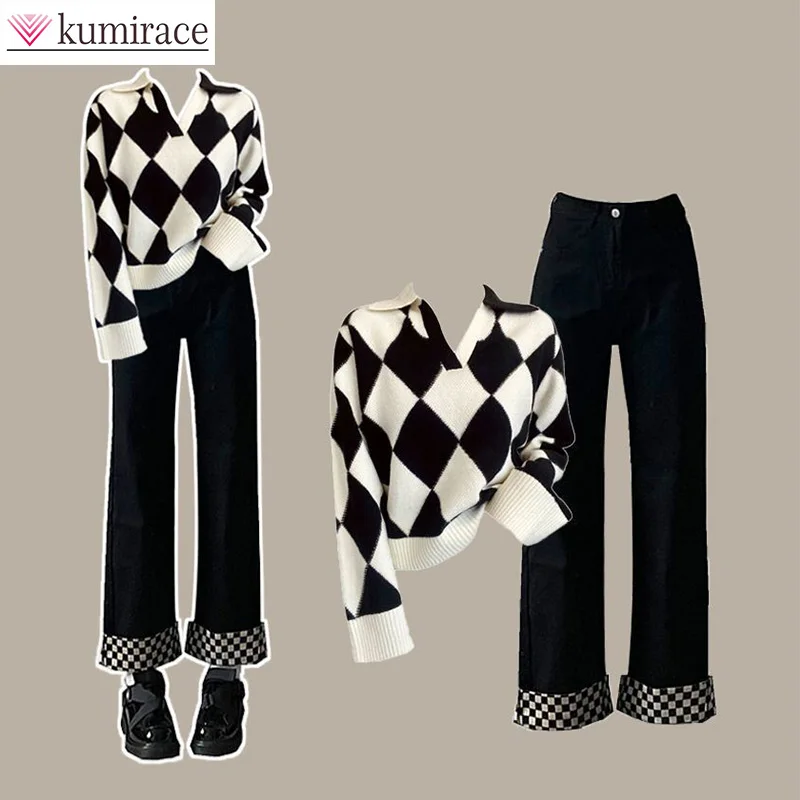 Top Trends: Autumn And Winter Set Women&#039;s 2023 New Korean Knitted Sweater Women&#039;s Loose And Slim Straight Leg Jeans Two Piece Set Pant Sets Shoppable Styles