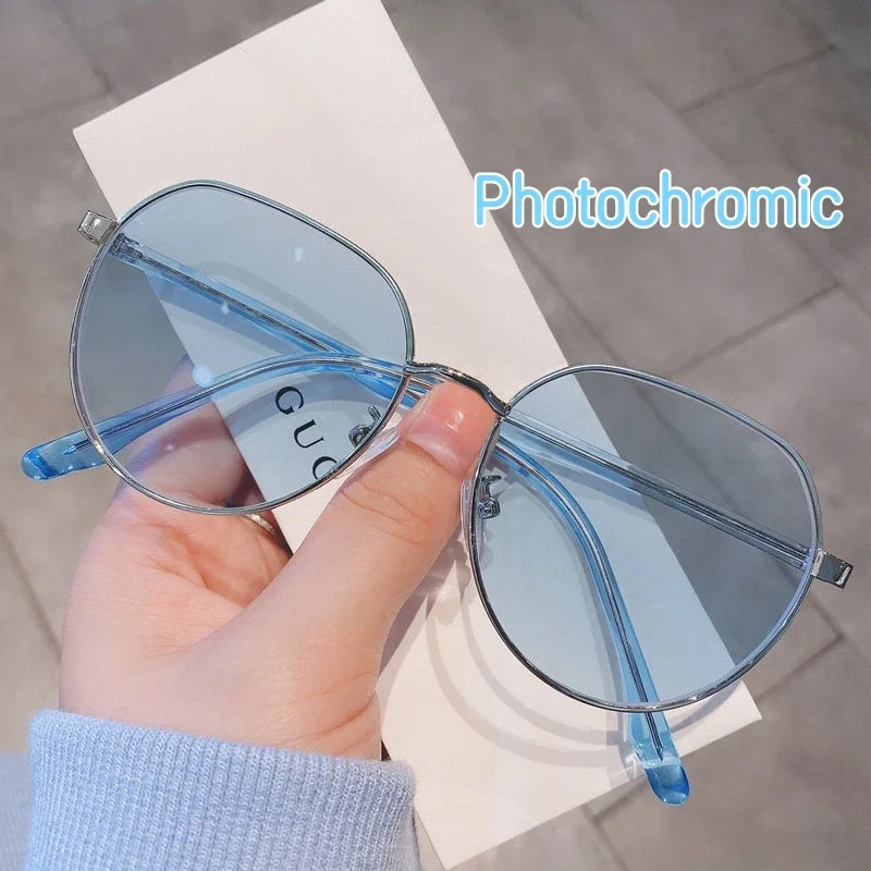 Top Trends: Oversized Round Frame Photochromic Myopia Glasses Fashion Color Changing TR90 Eyeglasses Unisex Finished Short Sight Eyewear Shoppable Styles