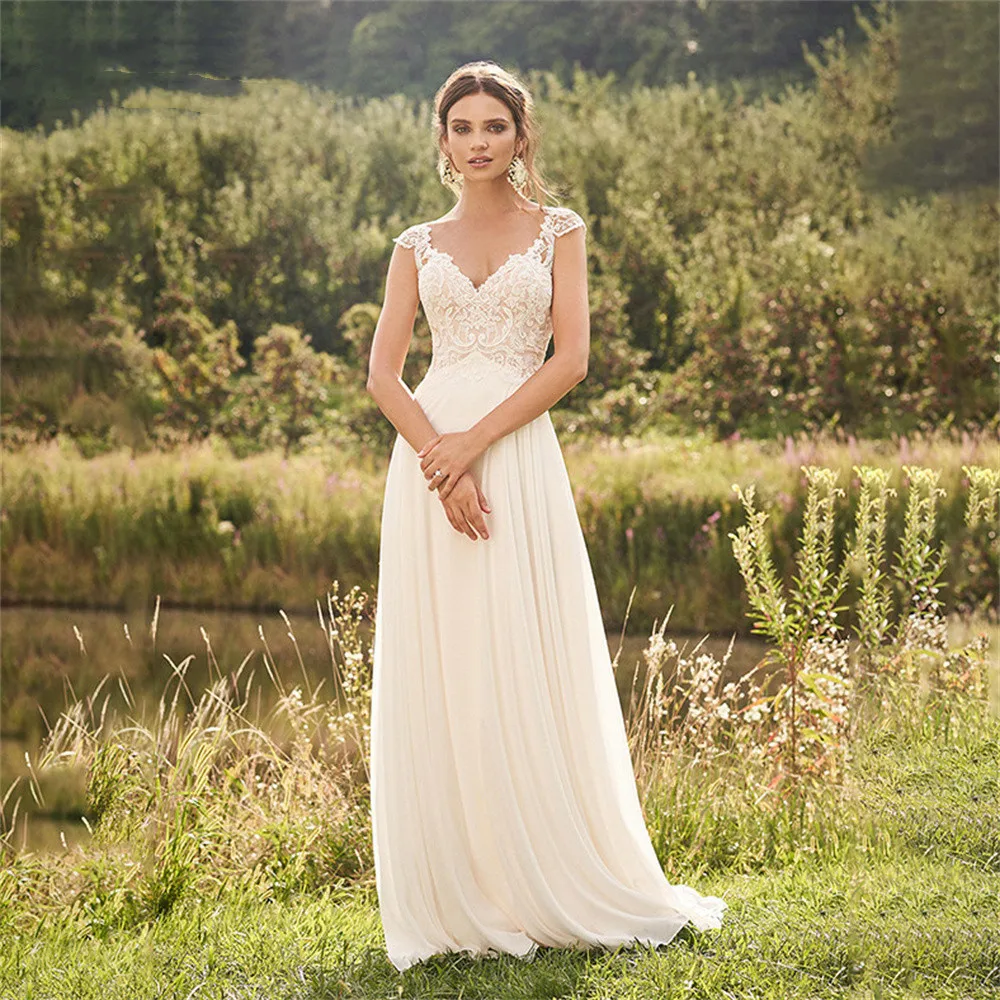 Top Trends: Bohemian A Line Wedding Dress 2022 Appliques Cap Sleeves Illusion Back For Women V Neck Bridal Gowns Robe De Mariée Court Train Shoppable Styles