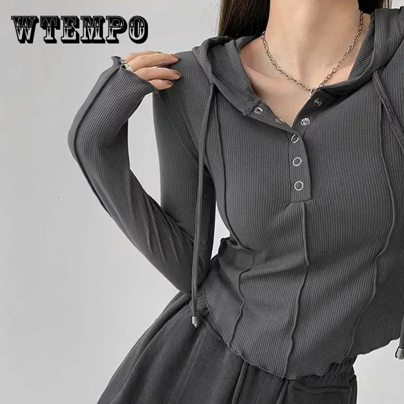 Top Trends: WTEMPO Hooded Button Up Crop Top Women Autumn Winter Slim Fit Long Sleeve Y2K Top Woman Streetwear Wild Elastic T-Shirt Female Shoppable Styles