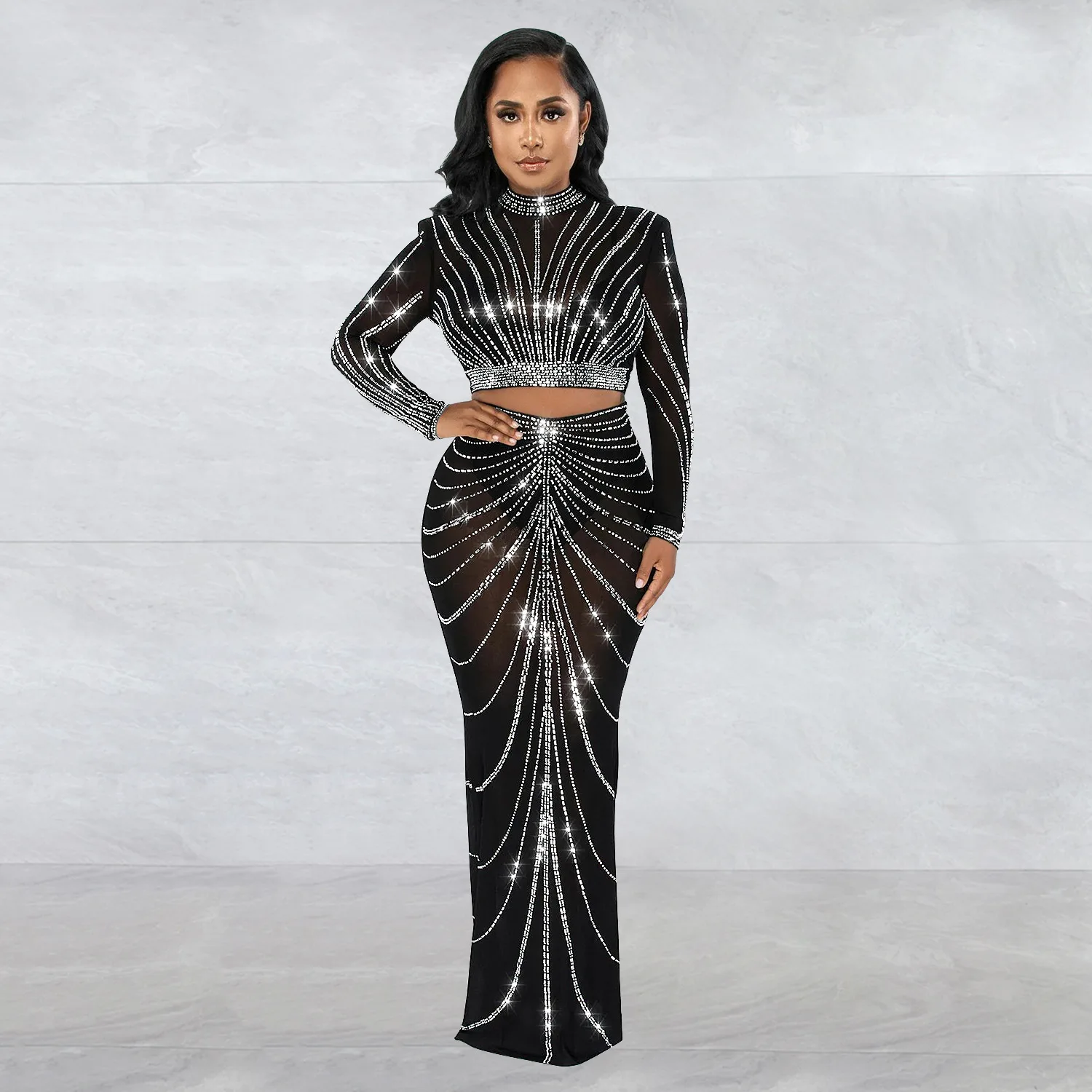 Top Trends: 2023 Long Sleeve Mesh Maxi Bodycon Elegant Party Sparkly Rhinestone For Birthday Dress Sexy Club Two Piece Sets Womens Outifits Shoppable Styles