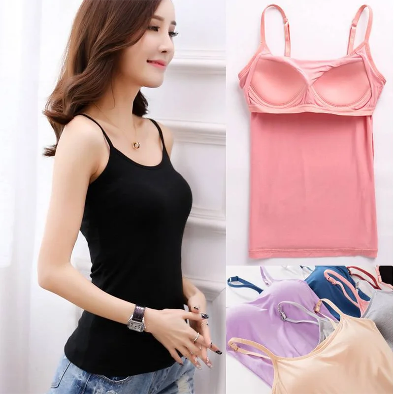 Top Trends: Women Vest Underwear Summer Soft Tank Top Built In Bra Spaghetti Strap Casual Solid Breathable Padded Female Comfort Camisoles Shoppable Styles