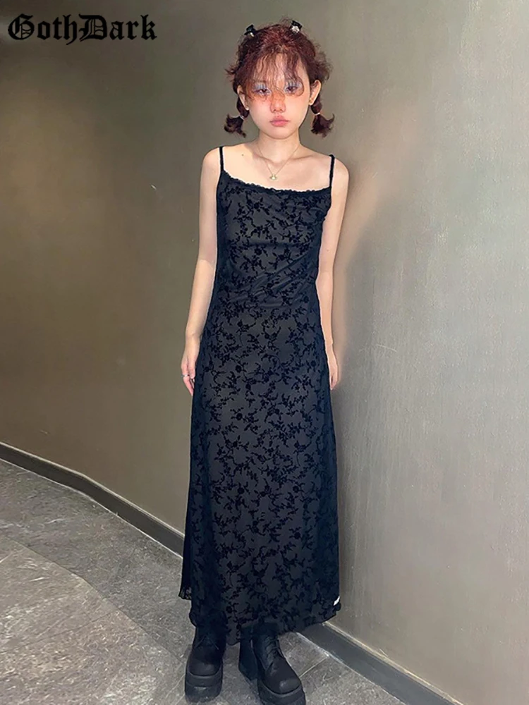 Top Trends: Goth Dark Floral Print Mesh Mall Gothic Midi Dresses Y2k Fairy Grunge Style Lace Long Dress Women Sling E-girl Party Streetwear Shoppable Styles