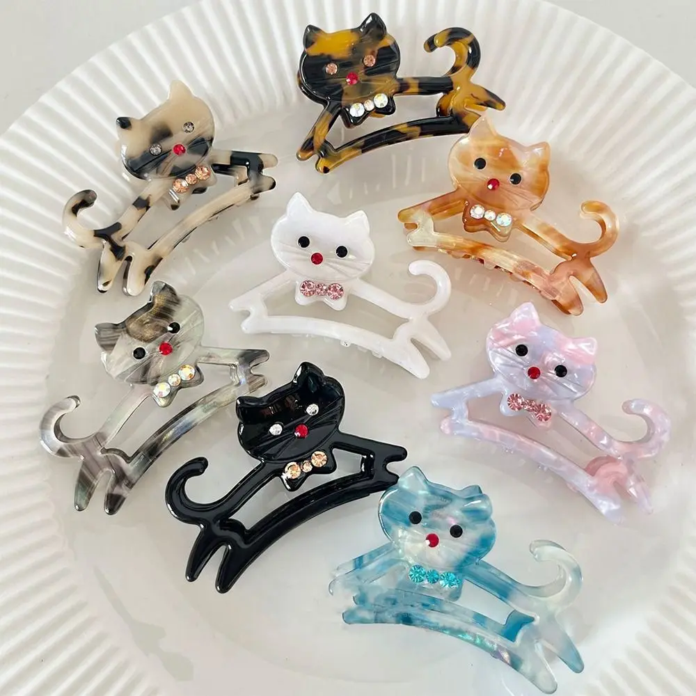 Top Trends: New Cute Cat Rhinestone Acetate Hair Claw For Women Cartoon Colorful Diamond Hollow Cat Hair Clip Shark Clip Headwear Shoppable Styles