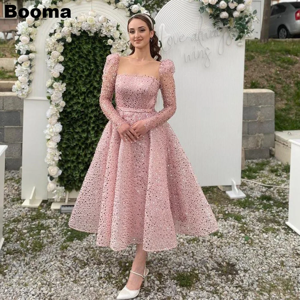 Top Trends: Booma A Line Pink Shiny Short Wedding Dresses Long Sleeves Bridals Gowns Sequined Midi Bride Party Dresses Elegant Evening Dress Shoppable Styles