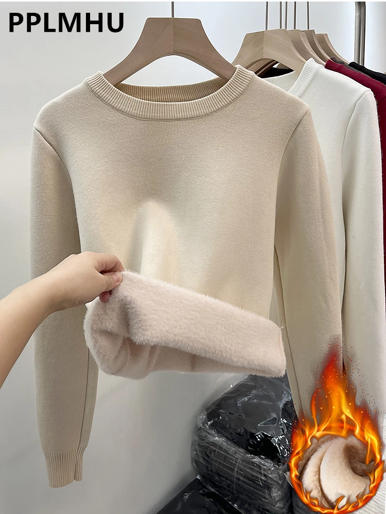 Top Trends: Women's O-neck Plus Velvet Thicken Sweaters Winter Slim Warm Long Sleeve Knitted Tops Casual Plush Fleece Lined Soft Pullover Shoppable Styles