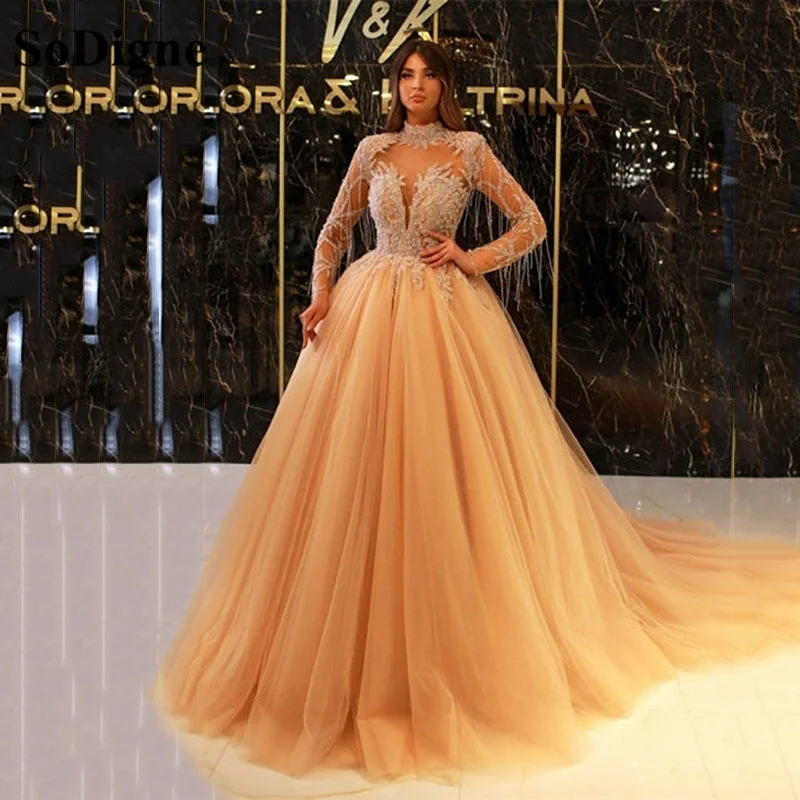 Top Trends: SoDigne Dubai Princess Sequins Evening Dress Gold High Neck A-line Beading Prom Dresses With Long Sleeves Formal Women Gowns Shoppable Styles