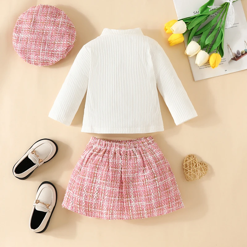 Top Trends: 3Pcs Outfits Fashion Baby Girl Clothes Turtleneck Tee Long Sleeve Tops Plaid Skirts With Hat Infant Toddler Girl 6Months-3Years Shoppable Styles - Image 2