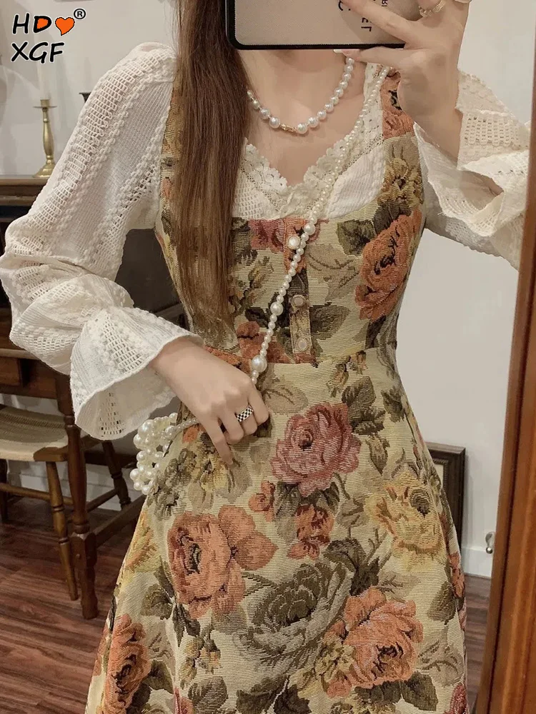 Top Trends: French Vintage Floral Dress Women Lace Korean Style Evening Party Midi Dress Female Print Retro Elegant Fairy Dress Autumn 2023 Shoppable Styles