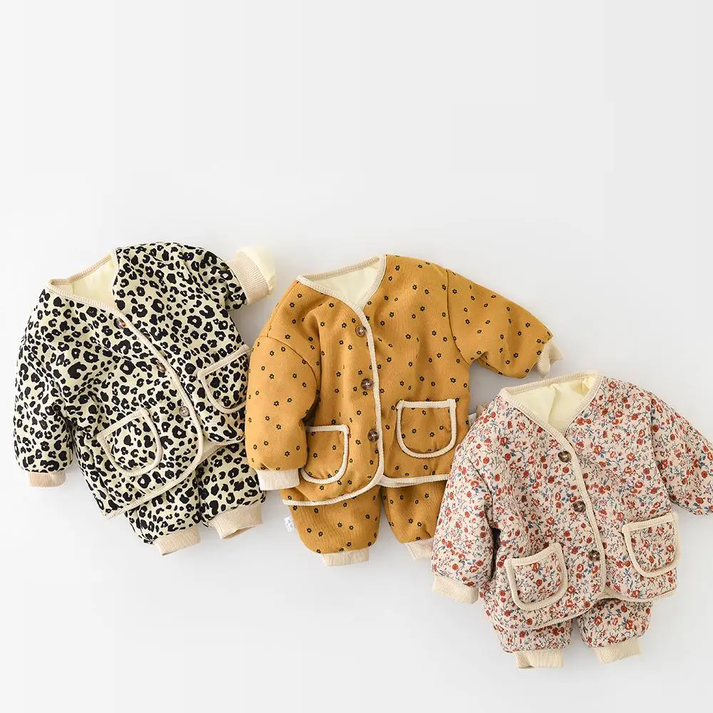 Top Trends: 2023 Winter New Baby Warm Clothes Set Cute Leopard Floral Coat + Pants 2pcs Suit Vintage Baby Girl Outfits Infant Jacket Set Shoppable Styles