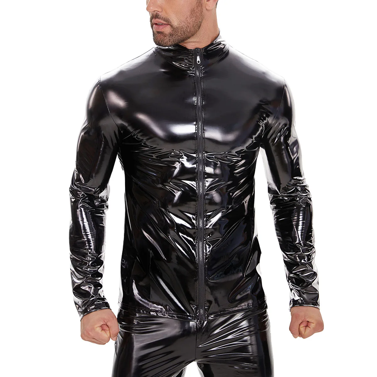 Top Trends: Plus Size Mens Shiny Leather Shirt Long Sleeve Full Zippper Glossy PVC Leather Tops Male Wetlook Latex Shaping Casual Coat Sexi Shoppable Styles