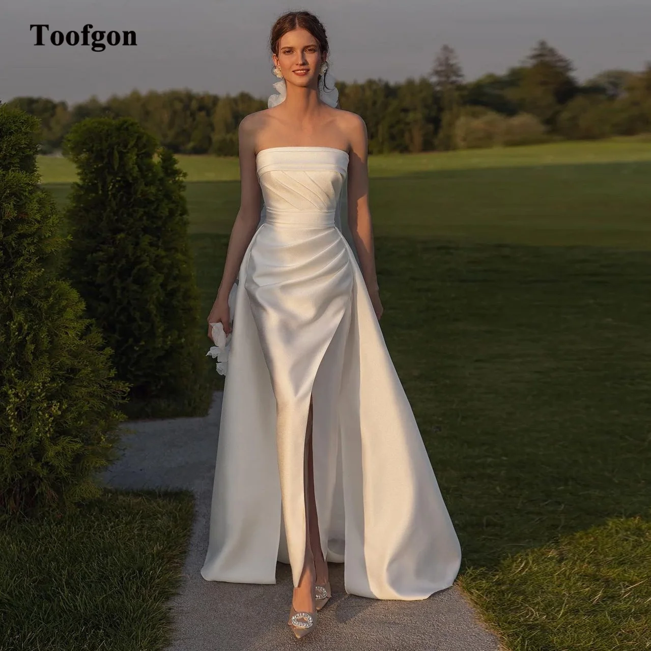 Top Trends: Toofgon Mermaid Satin Wedding Gowns With Over Skirt Pleated Bride Wedding Party Bridal Gowns Women Slit Side Prom Dress 2024 Shoppable Styles