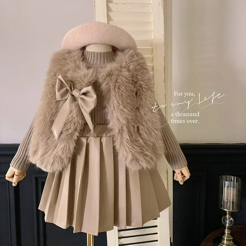 Top Trends: Kid Clothes Suit Korean Style The Girl Suit Autumn And Winter Children Fashion Fur Coat Coat Knitted Top Pleated Leather Skirt Shoppable Styles