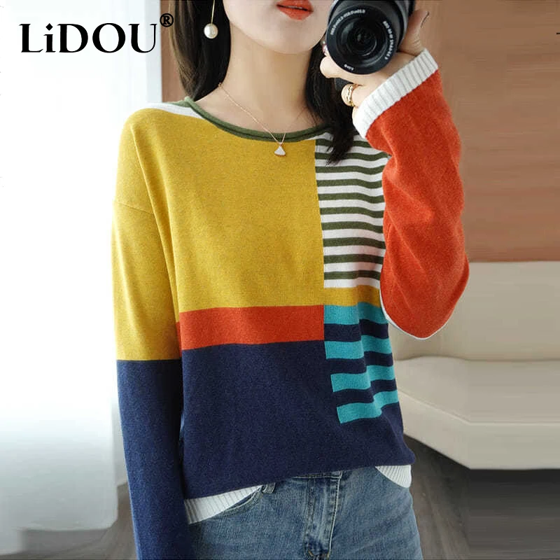 Top Trends: Autumn Winter Vintage Patchwork Sweaters Women&#039;s O Neck Loose Casual All-match Jumper Ladies Knitted Pullover Top Female Clothes Shoppable Styles