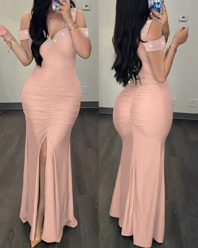 Top Trends: Woman Sexy High Waist Evening Dresses Fashion Women's Clothes Rhinestone Cold Shoulder Slit Ruched Elegant Party Dress For Women Shoppable Styles