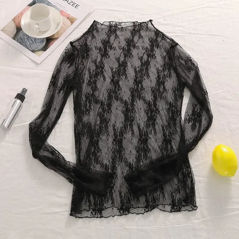 Top Trends: Sexy Lace Perspective Floral Embroidery Blouses Shirt Women Tshirt Mesh Blouses Transparent Elegant See-through Black Tops Shoppable Styles