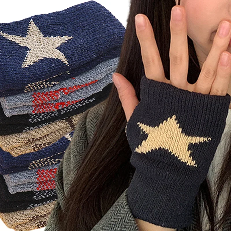 Top Trends: Autumn Winter Knitted Woolen Gloves Ins Fashion Y2K Men&#039;s Women&#039;s Half Finger Warm Five Pointed Star Fingerless Gloves Unisex Shoppable Styles