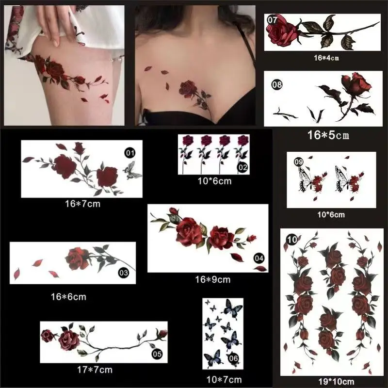 Top Trends: 10piece / Lot Red Rose Waterproof Temporary Tattoo Stickers Women Tatouage Femme Sexy Flower Leg Collarbone Chest Art Fake Tattoos Shoppable Styles