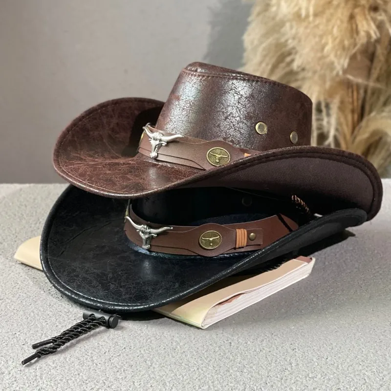 Top Trends: Women Men Faux Leather Western Cowboy Hats Cow Head Decorate Vintage Rider Panama Cowgirl Jazz Cap Sombrero Hombre Shoppable Styles - Image 2