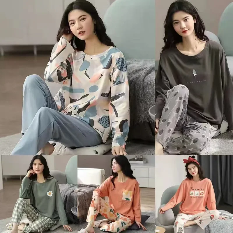 Top Trends: 2pcs Long-sleeved Pijamas Women Spring Autumn Womens Polyester Pajamas Cartoon Print Pjamas For Women Plus Size M-5XL Shoppable Styles