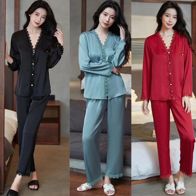 Top Trends: Casual Pajamas Set Satin Sexy Women 2 Piece Sleepwear Silky Pyjamas Loungewear Solid Nightwear Spring New Bathrobe Shirt&Pants Shoppable Styles - Image 3