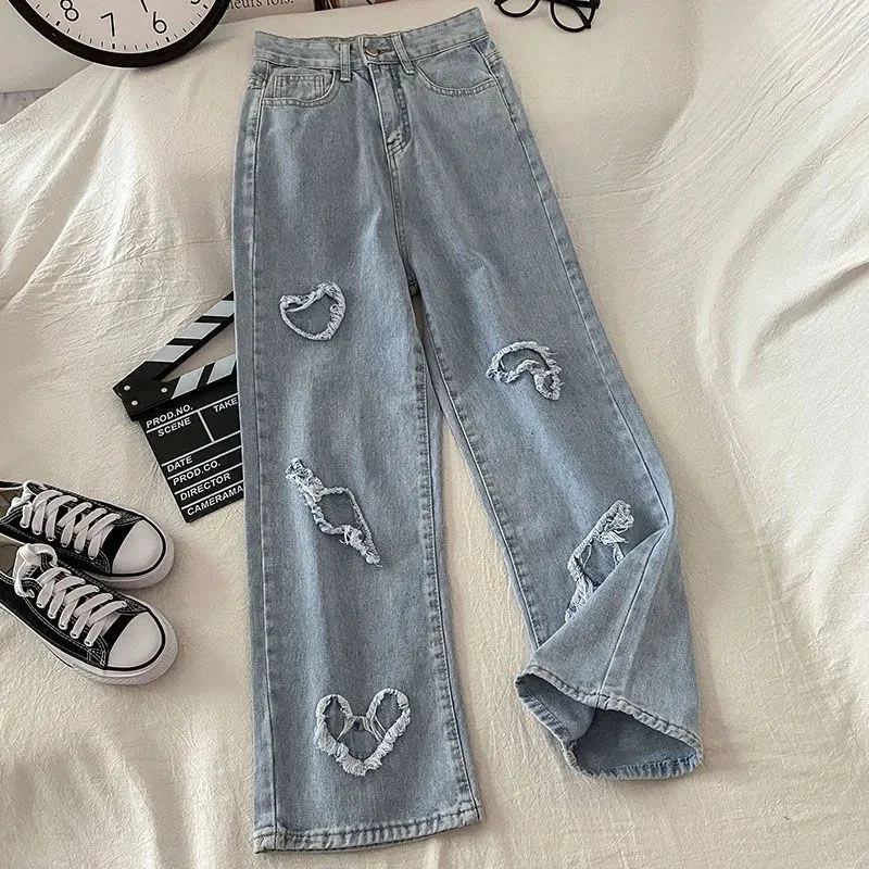 Top Trends: High Waist All-match Fashion Kawaii Denim Blue Loose Wide-leg Women's Jeans Heart Chain Summer Thin Casual Cute Casual Shoppable Styles