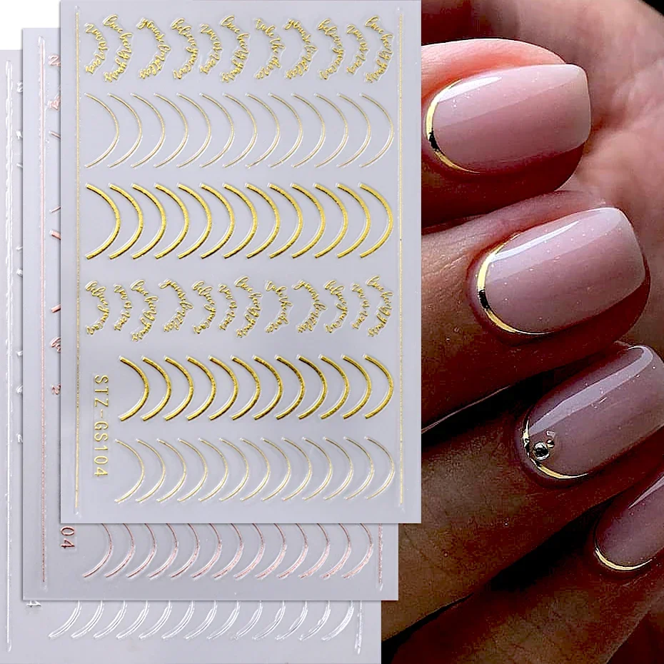 Top Trends: French Tips Nail Art Stickers 3D Gold Rose Silver Curve Stripe Lines Tape Swirl Sliders Adhesive Gel Nail Art Decals Manicure Shoppable Styles