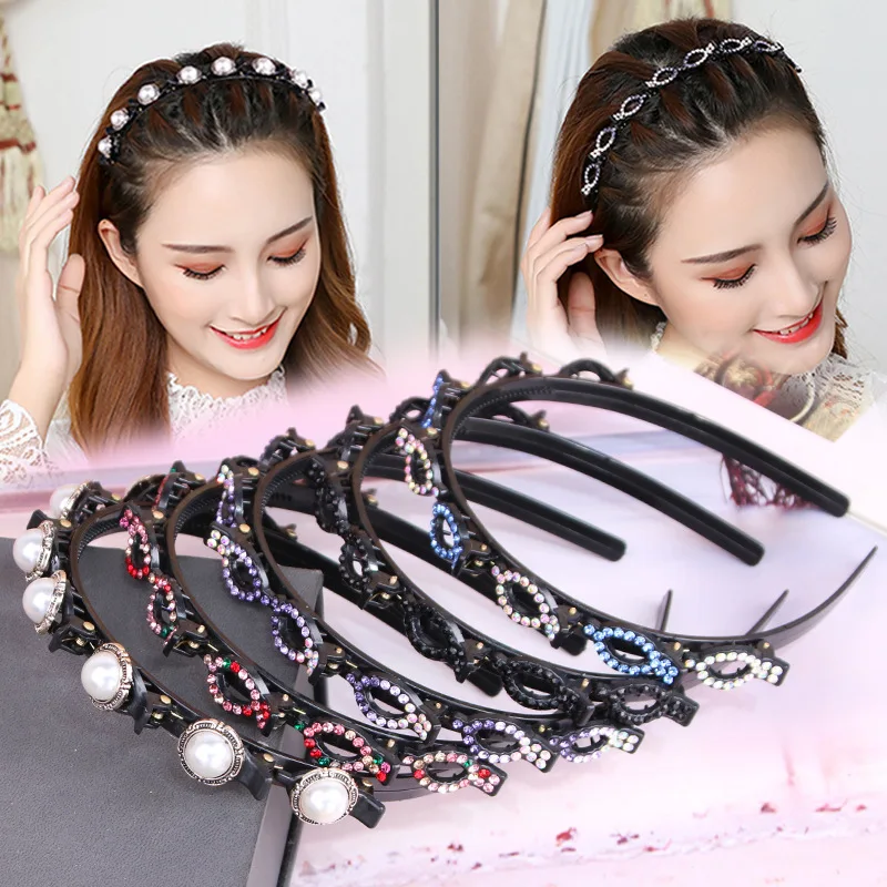 Top Trends: Fashion Non-Slip Alice Hairbands Pearl Rhinestone Headbands Double Bangs Clip Hair Bands For Women Girls Bezel Hair Accessories Shoppable Styles