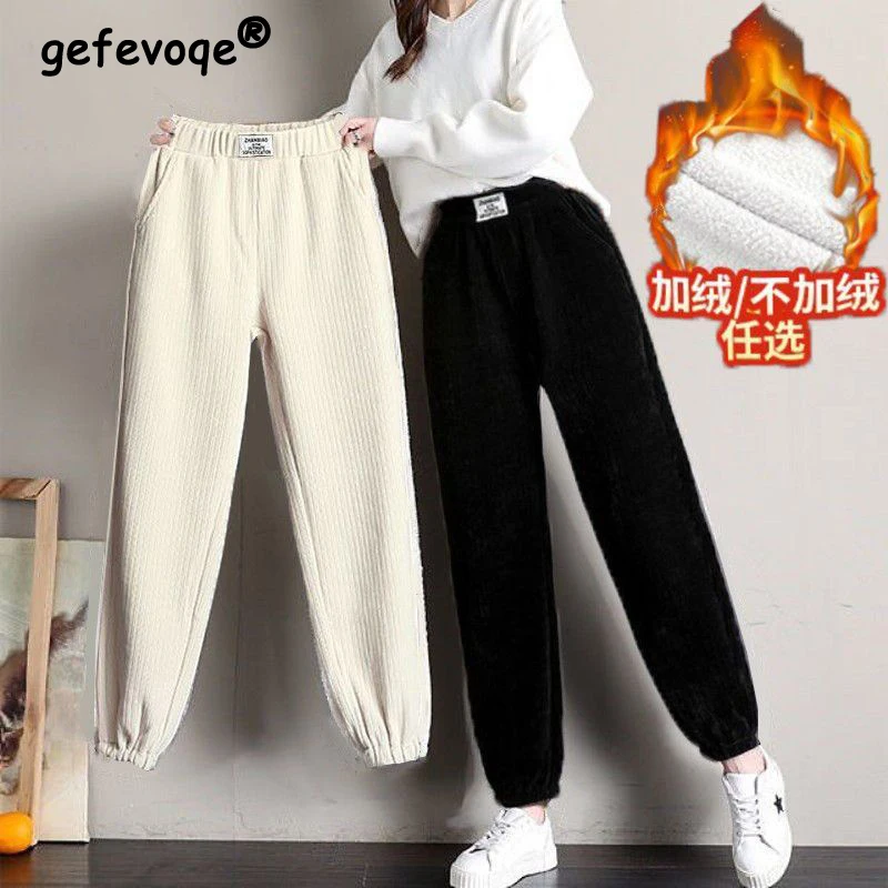 Top Trends: Women Trendy Casual Streetwear Sports Joggers Harem Pants Autumn Winter Female Plush Thick Solid High Waist Corduroy Sweatpants Shoppable Styles