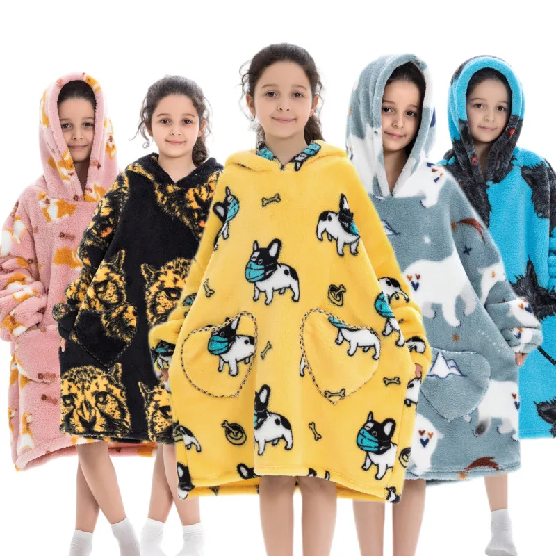 Top Trends: Kids Babys Warm Thick Oversized Wearable Blanket Hoodie For Winter Giant Polyester Blanket With Sleeves Cartoon Animal Print Shoppable Styles