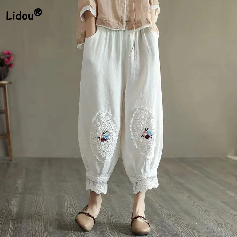 Top Trends: Folk Elegant Solid Color Embroidery Bloomers Pants Summer Women's Clothing Casual Vintage Loose Elastic Waist Cropped Pants Shoppable Styles