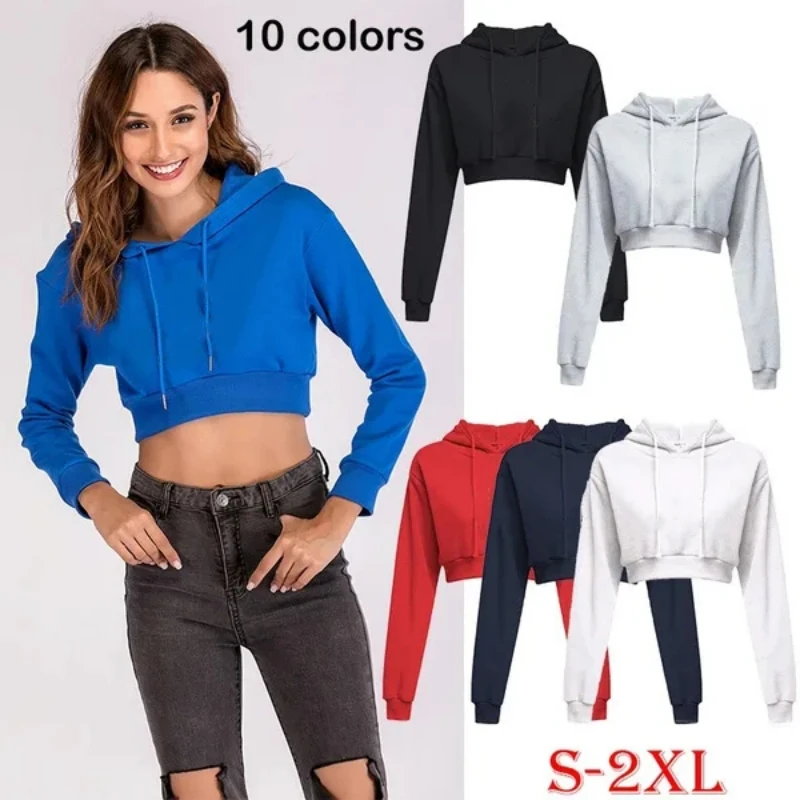 Top Trends: Fashion Women Sexy Casual Cotton Long Sleeve Hooded Short Sweatshirt Flat Angle Top Pullover Hooded Sweatshirt Shoppable Styles