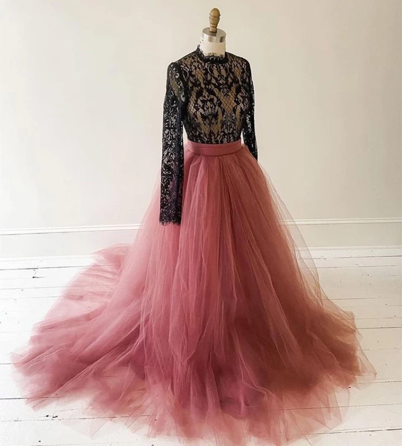 Top Trends: 2 Pieces Bohemian Long Sleeves Wedding Dress Black And Pink Pastrol A Line Lace And Tulle Bridal Gowns Sexy Open Back 2023 Shoppable Styles