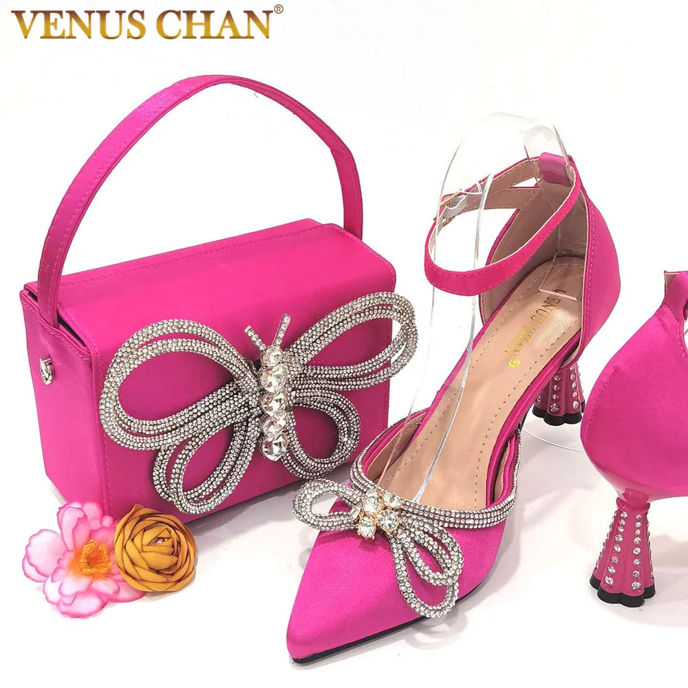 Top Trends: 2023 Ladies Pointed-Toe Party High Heels Magenta Colour Bow Rhinestone Stereo Bag Evening African Wedding Shoe And Bag Set Shoppable Styles