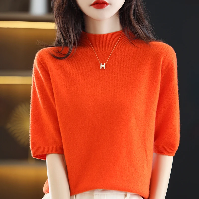 Top Trends: Seamless Cashmere Sweater Knitted Women&#039;s Clothing 100% Pure Wool Short-Sleeved 2022 Spring Five-Quarter Sleeve Fashion Pullover Shoppable Styles