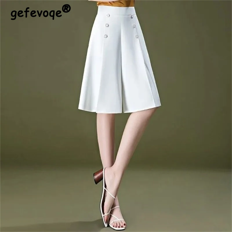 Top Trends: Women Summer Korean Black White Loose Wide Leg Knee Length Pants Office Lady Elegant High Waist Button Skirt Trousers Pantalones Shoppable Styles