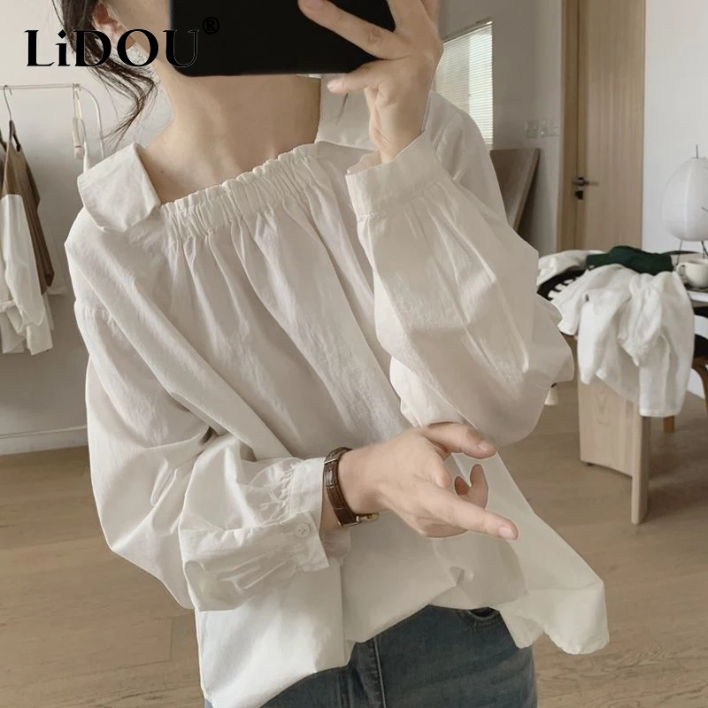 Top Trends: Spring Autumn New Solid Color Fashion Slash Neck Shirt Women High Street Casual Loose Tie Flowers Pleated All-match Pullovers Shoppable Styles