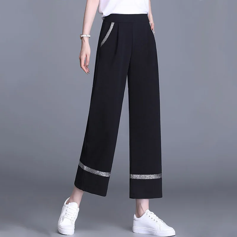 Top Trends: Fashion Women Black Wide Leg Pants Summer New Bright Edge Thin Elastic High Waist Korean All-match Casual Straight Trousers 2023 Shoppable Styles