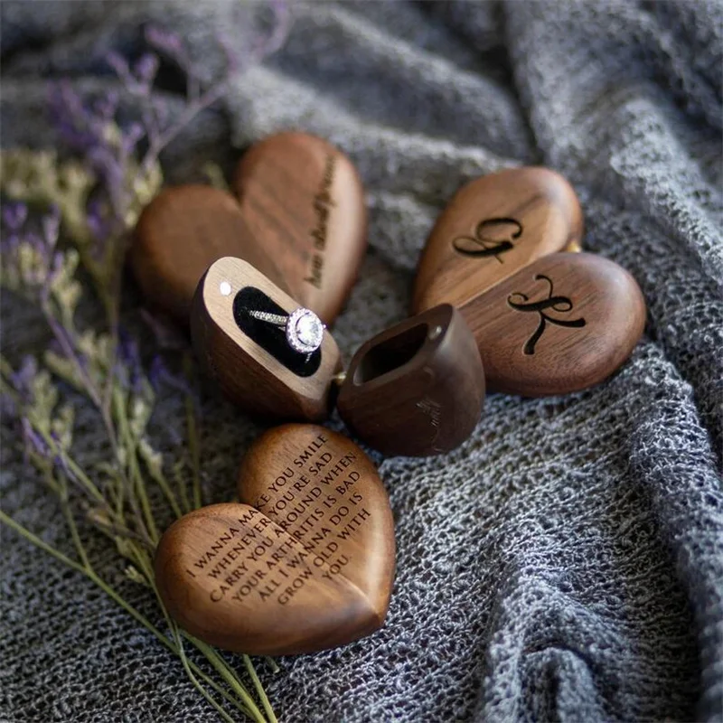 Top Trends: Wood Heart-shaped Single Ring Box Wedding Engagement Anniversary Valentine's Day Gift Packing Box Personalized Engraved Letters Shoppable Styles